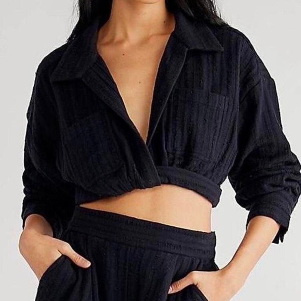 Free People Stay Cool Black Textured Button Front Crop Top Size XS Boho